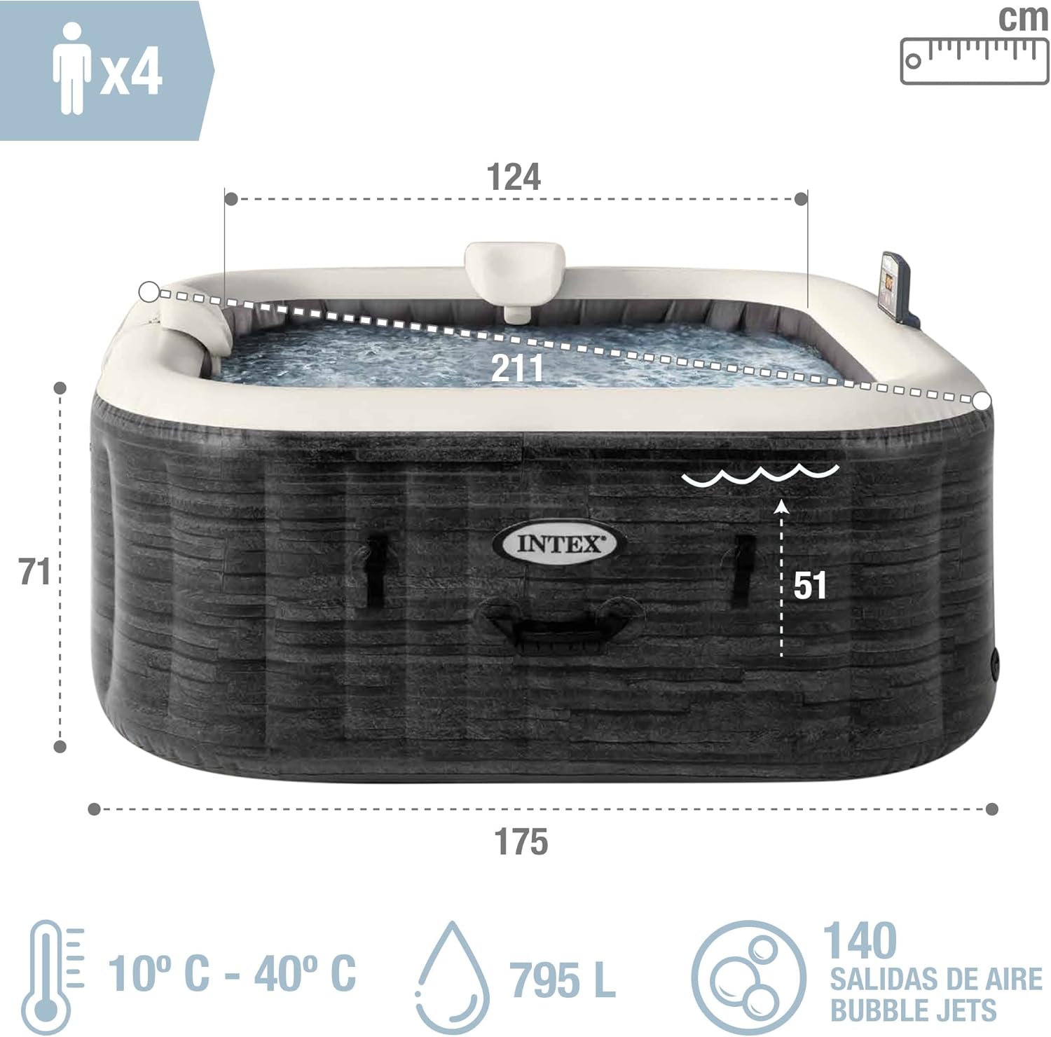 Inflatable hot tub with dimensions and features displayed