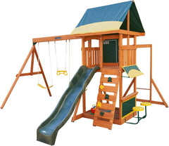 Kidkraft Brightside Wooden playground set with slide, swings, and climbing structure 