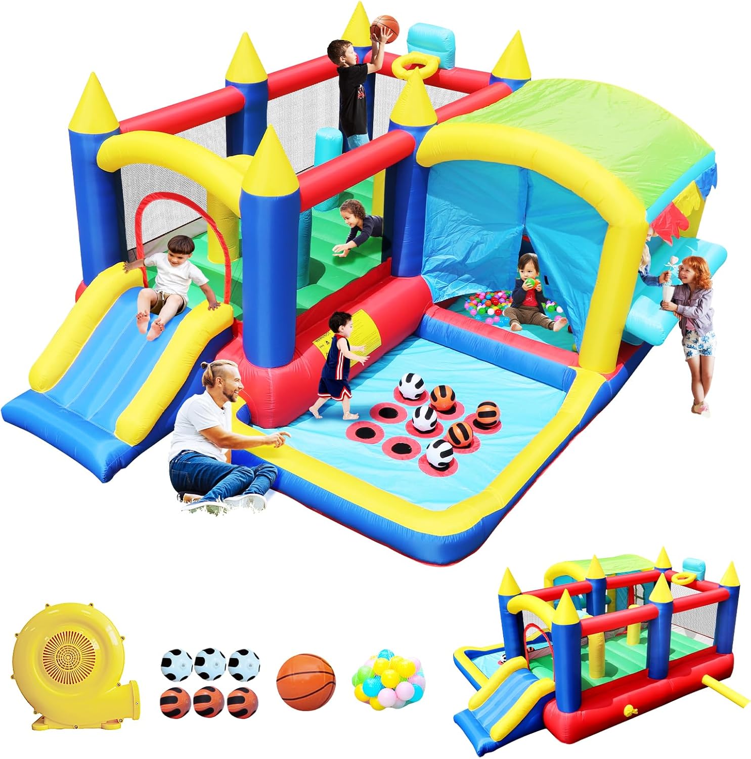 Megastar 7 in 1 Inflatable Sports Fun Bounce House With Slide, Toddler Jump Bouncy Castle With Ball Pit for Indoor Outdoor Birthday Party Gifts Multicolor