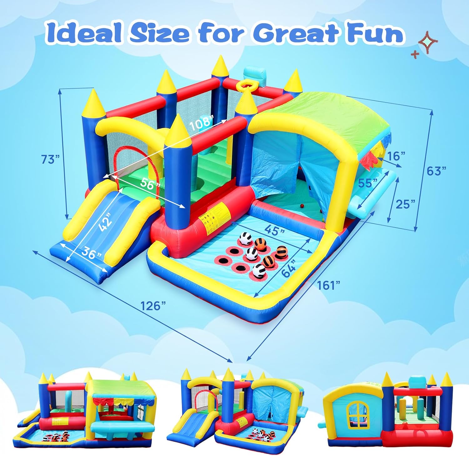 Megastar 7 in 1 Inflatable Sports Fun Bounce House With Slide, Toddler Jump Bouncy Castle With Ball Pit for Indoor Outdoor Birthday Party Gifts Multicolor