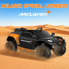 Toy off-road vehicle with McLaren in a desert