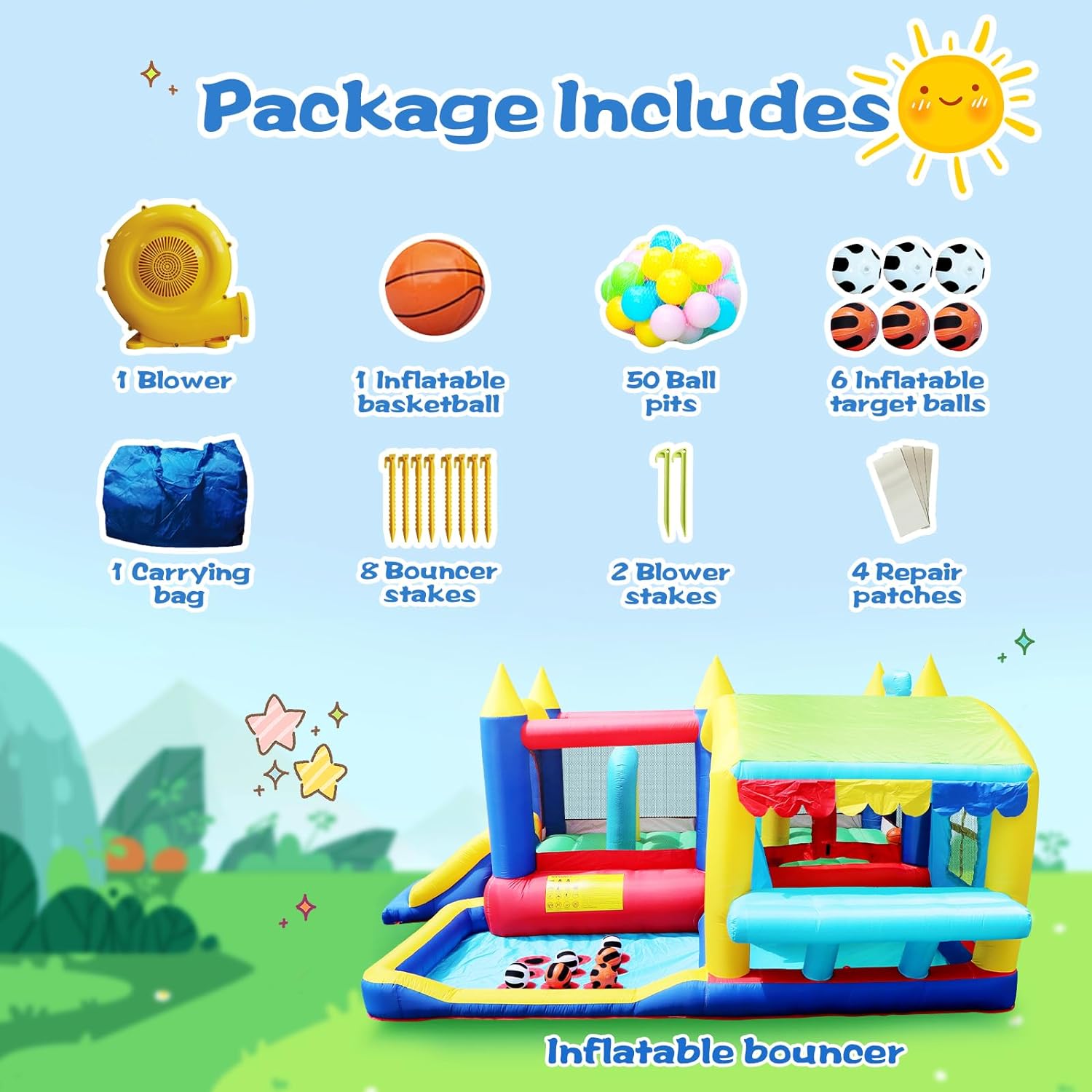 Megastar 7 in 1 Inflatable Sports Fun Bounce House With Slide, Toddler Jump Bouncy Castle With Ball Pit for Indoor Outdoor Birthday Party Gifts Multicolor