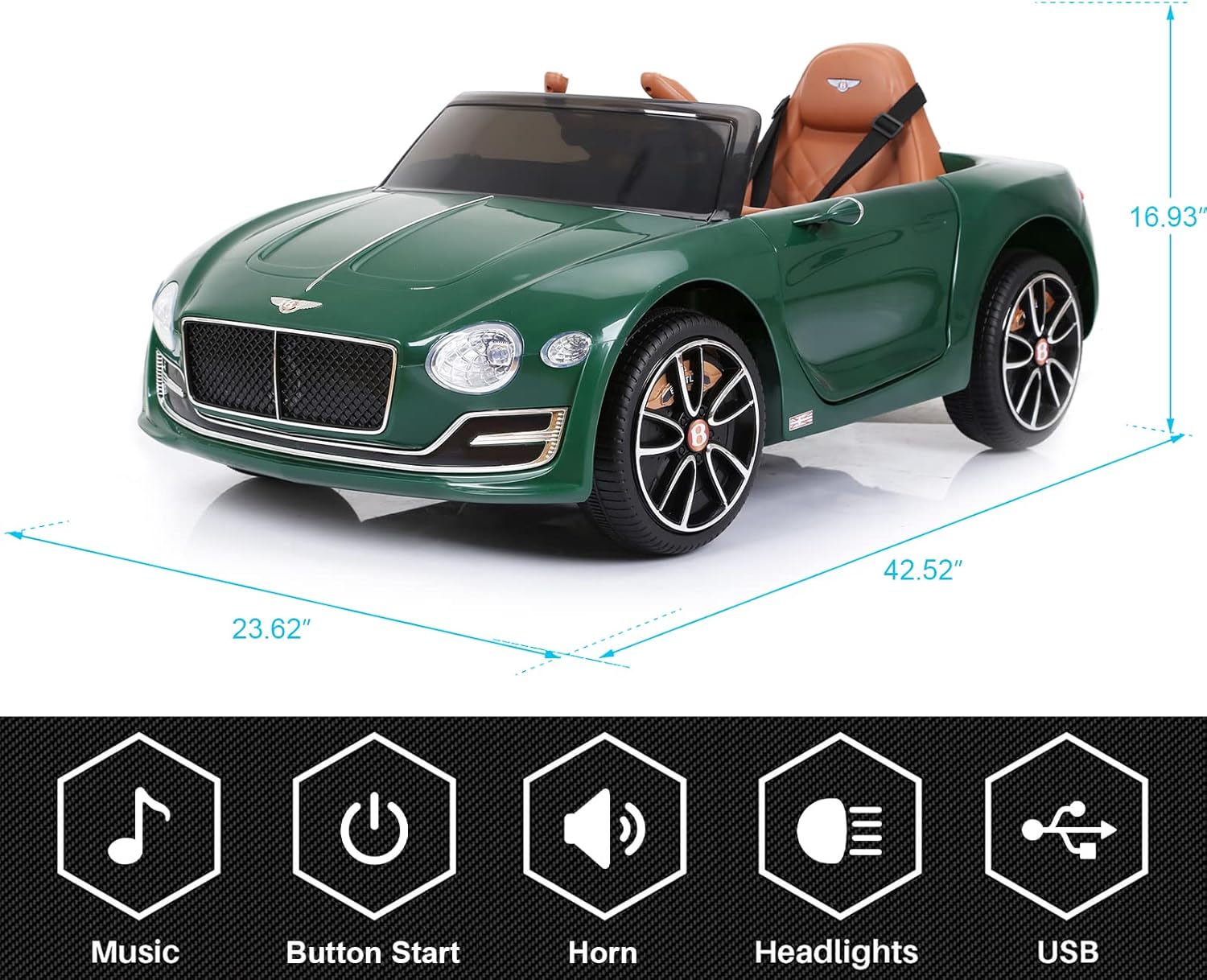 Green toy car with dimensions and feature icons