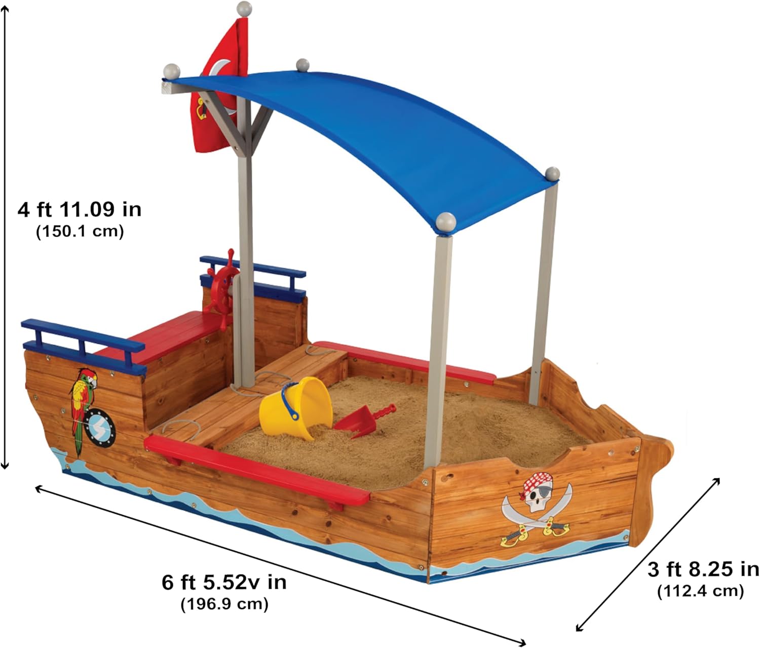 Pirate-themed sandbox with measurements 196.9X112.4X150.1