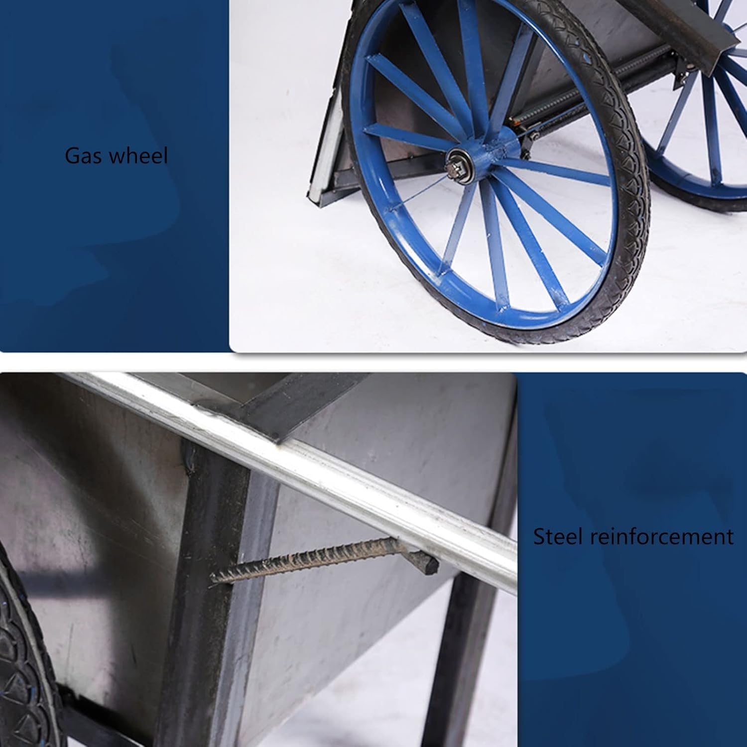Close-up collage of a wheeled cart with 250 kgs loading capacity