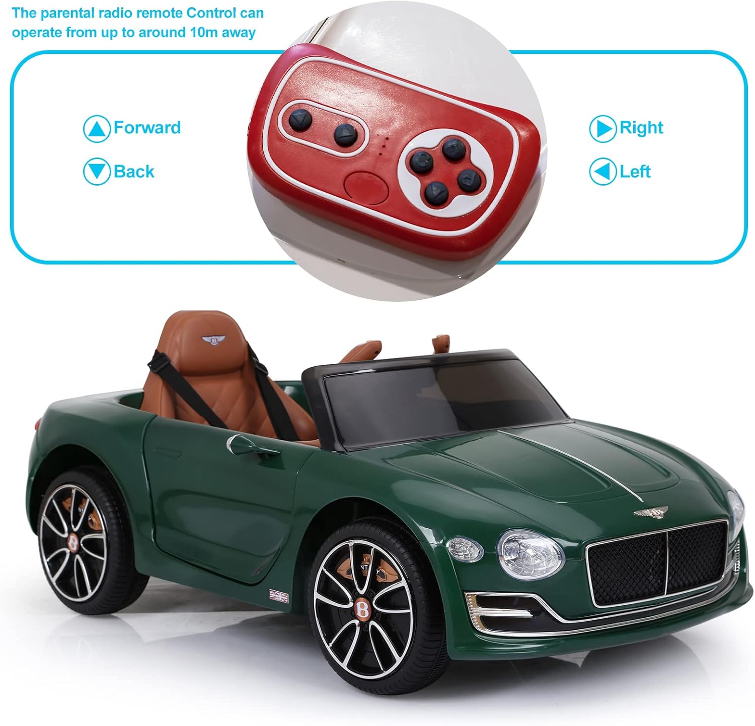A green convertible ride-on toy car with brown seats