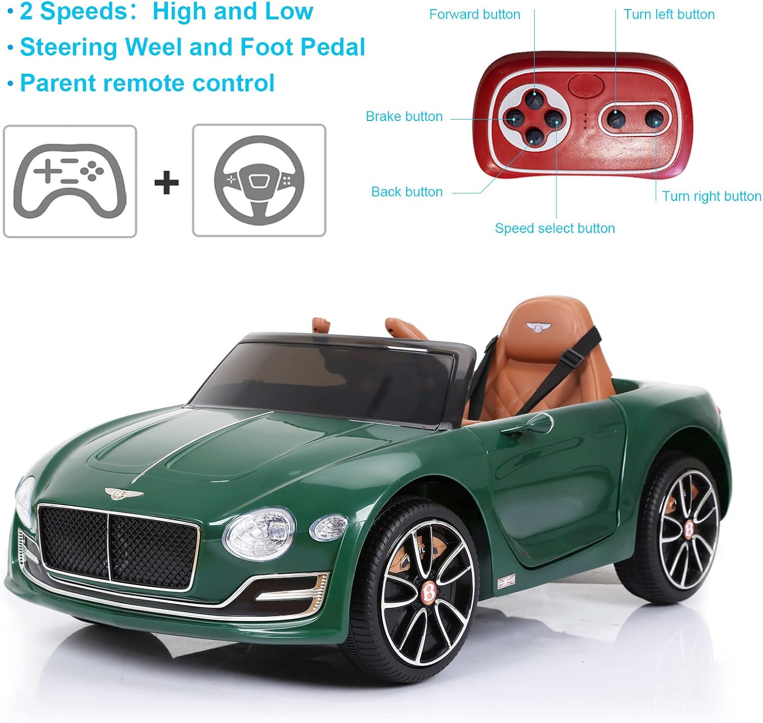 Green Megastar Kids Electric Rideon Licensed Bentley Exp12 Sports 12V and a remote control diagram.