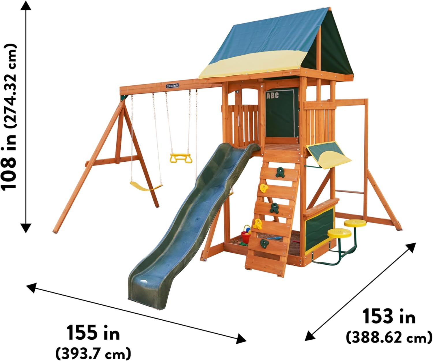 Kidkraft Brightside  Wooden playset with slide, swings, and climbing structure with dimensions.