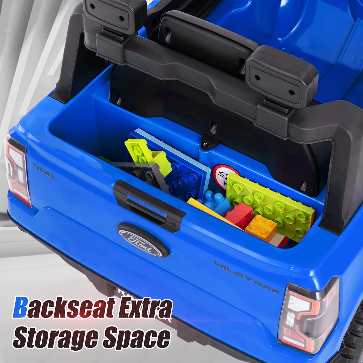 Blue toy car with open storage space filled with colourful toys