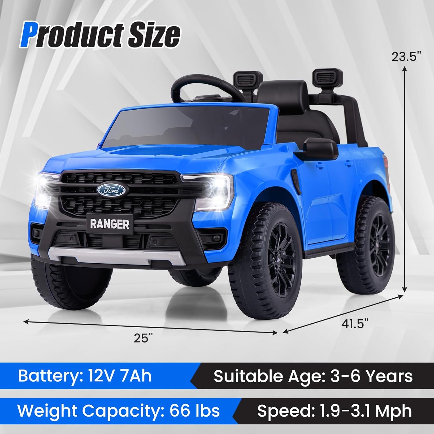 Blue Ford Ranger Ride on Car for Kids, with dimensions and specifications