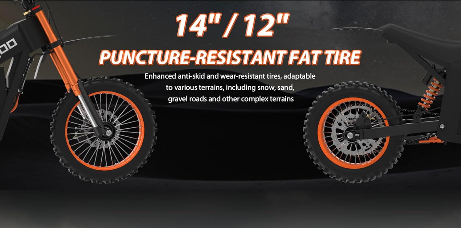 E-bike with 14"/12" puncture-resistant fat tires