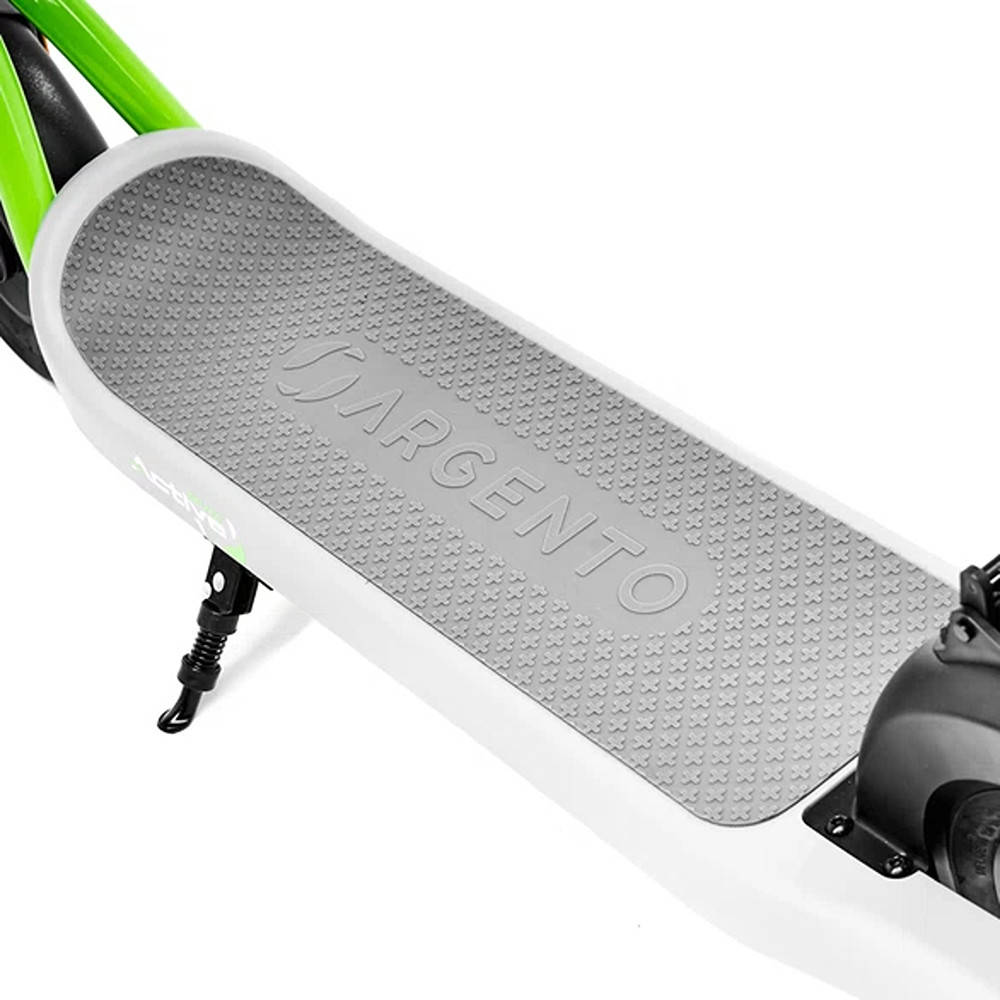 Close-up of a scooter deck with 'Argento' branding