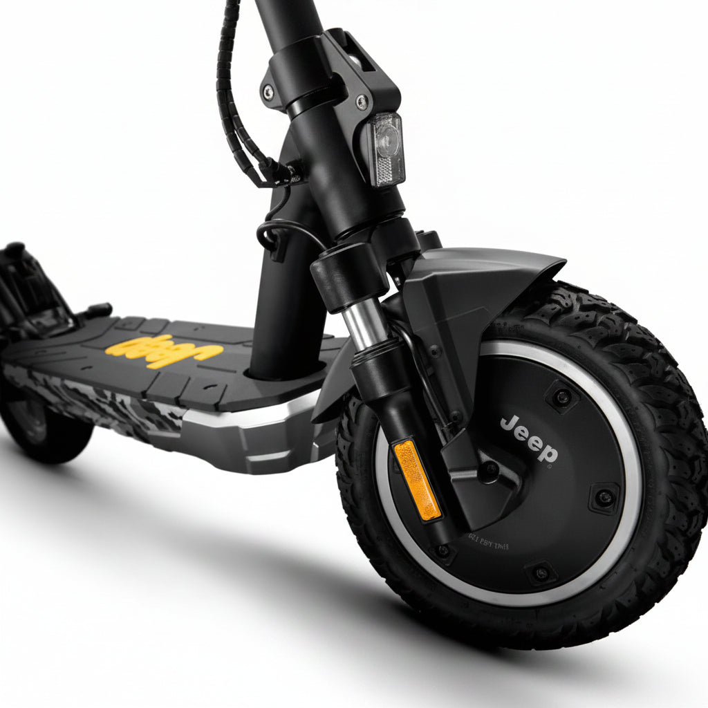 Close view of Front Tyre of Jeep Urban Camou Electric Scooter 