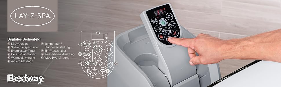 Hand operating a digital control panel on a Lay-Z-Spa