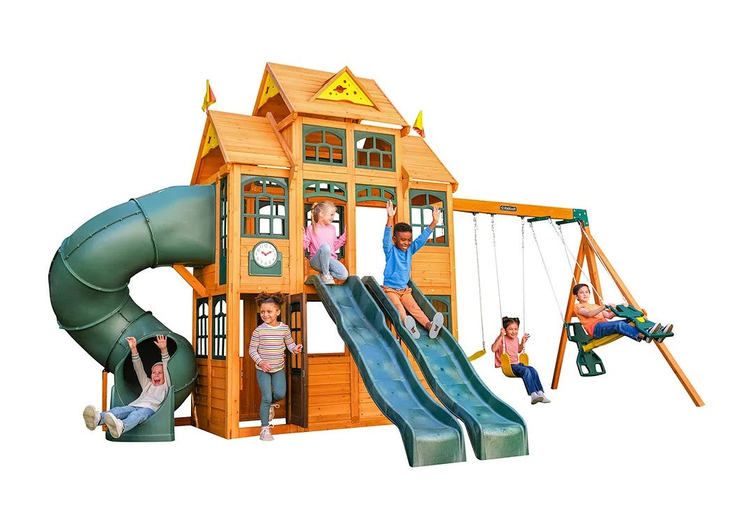 KidKraft Falcon Ridge Wooden Swing Set and Playset with Kitchen Children playing on a wooden.