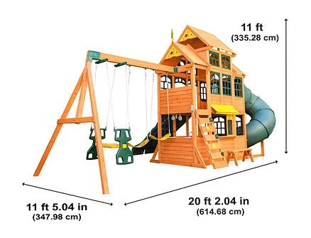 KidKraft Falcon Ridge Wooden with swings and slide, labeled with dimensions on a white background