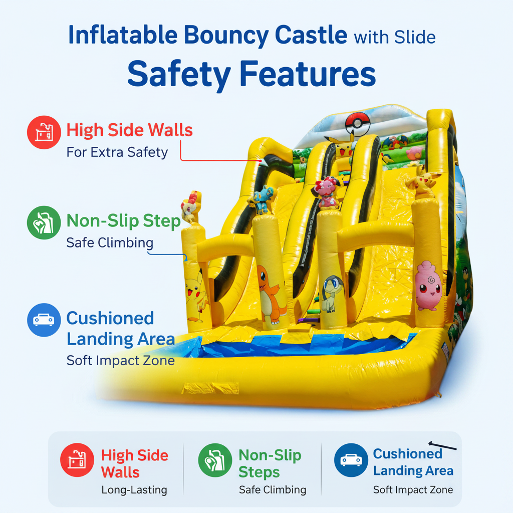 Inflatable bouncy castle with slide and safety features