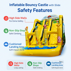 Inflatable bouncy castle with slide and safety features