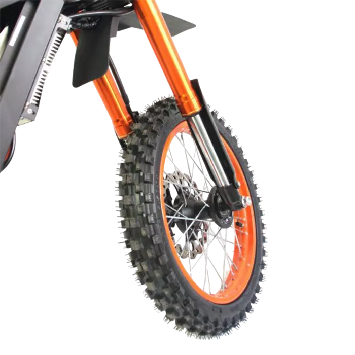 Close-up of a dirt bike wheel with knobby tire