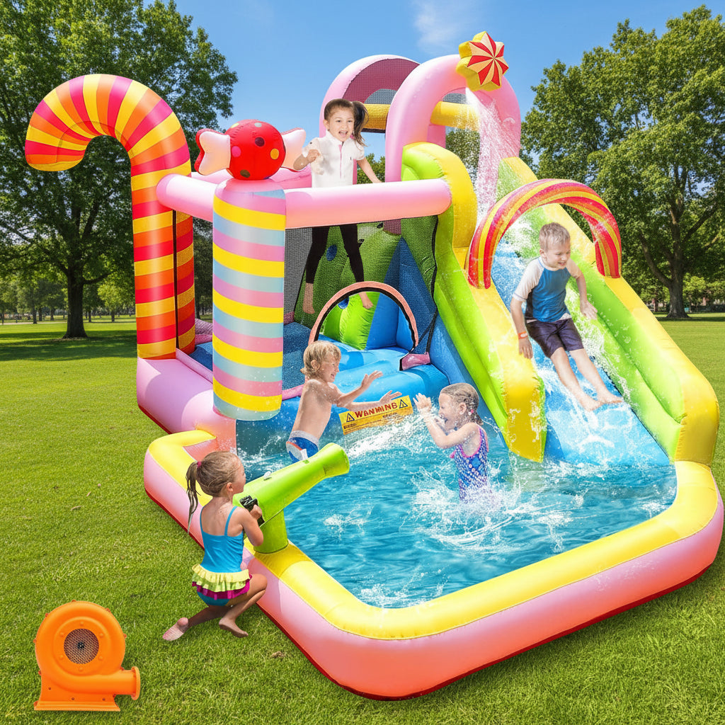 Kids enjoy outdoor Inflatable Bounce House Water Slide activities 