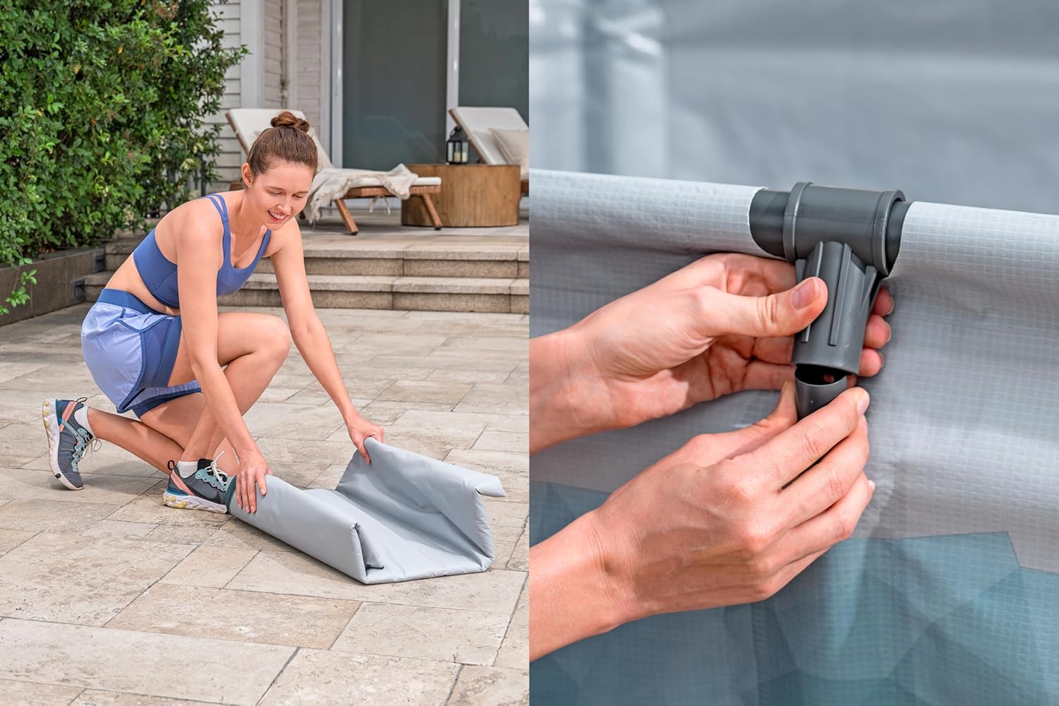 Woman setting up a pool cover next to hands adjusting a pool cover bracket.
