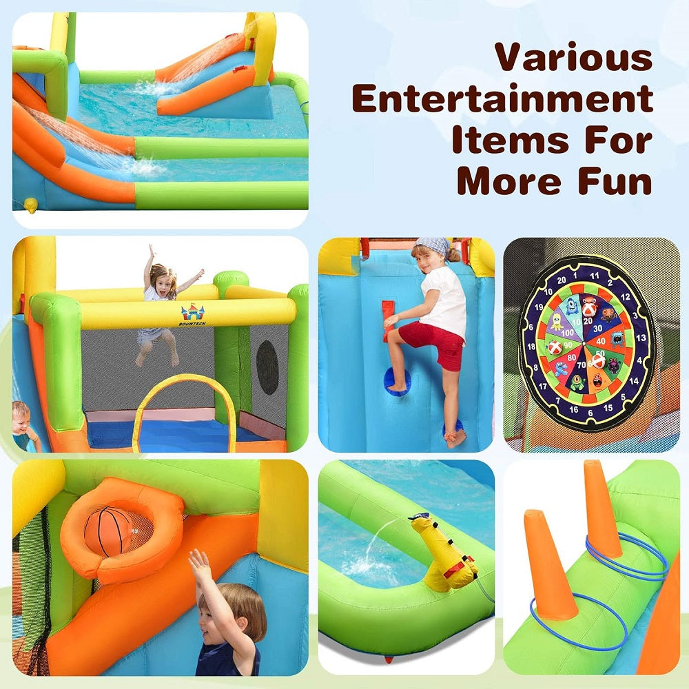 A collage of various bouncy castles, inflatable pools, and a dartboard.