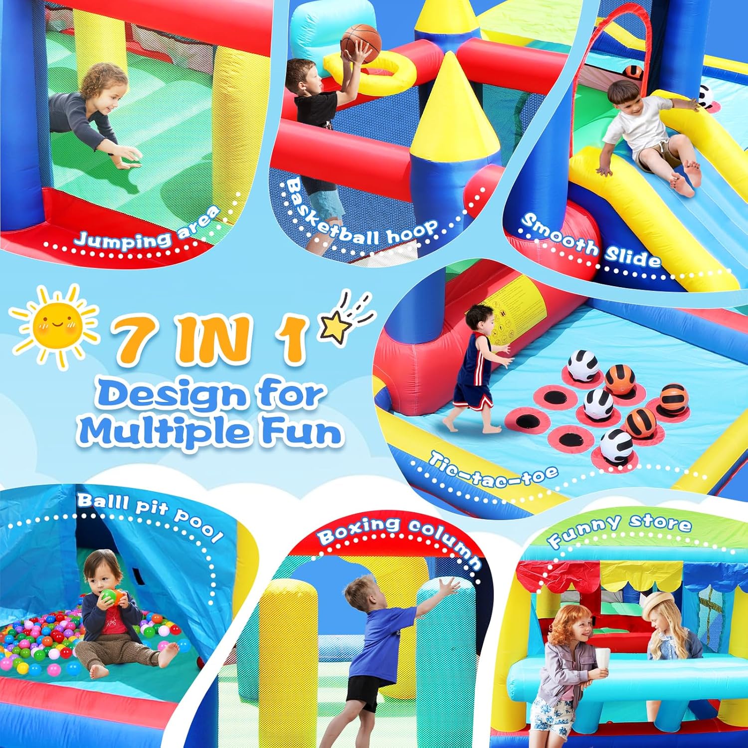 Megastar 7 in 1 Inflatable Sports Fun Bounce House With Slide, Toddler Jump Bouncy Castle With Ball Pit for Indoor Outdoor Birthday Party Gifts Multicolor