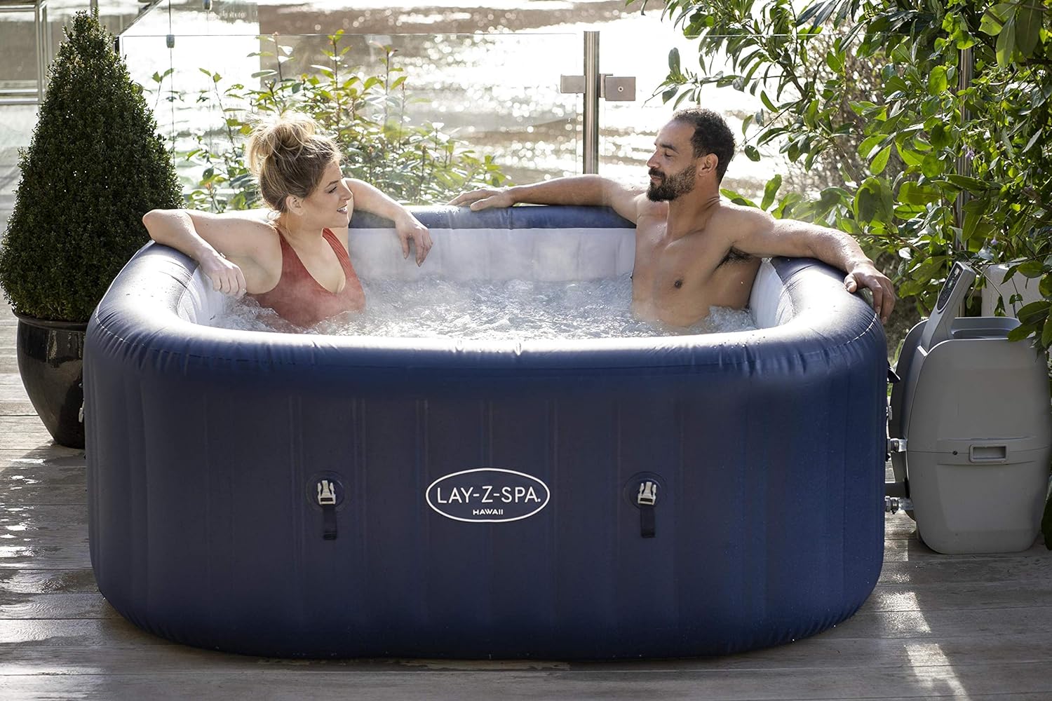 Lay-Z-Spa Hawaii Hot Tub, 140 AirJet Massage System Inflatable Spa with Freeze Shield Technology and Sociable Square Shape, 4-6 Person, Blue