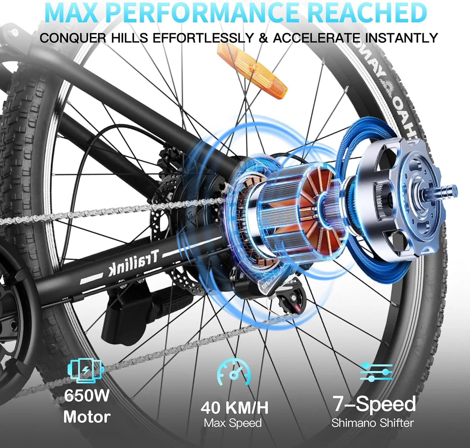 WINDHORSE F3 Electric Mountain Bike with 650W Motor, 40KMH Top Speed and Shimano 7 Speed Gears