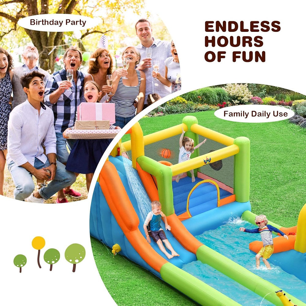 Children playing on an inflatable slide and pool set with a family