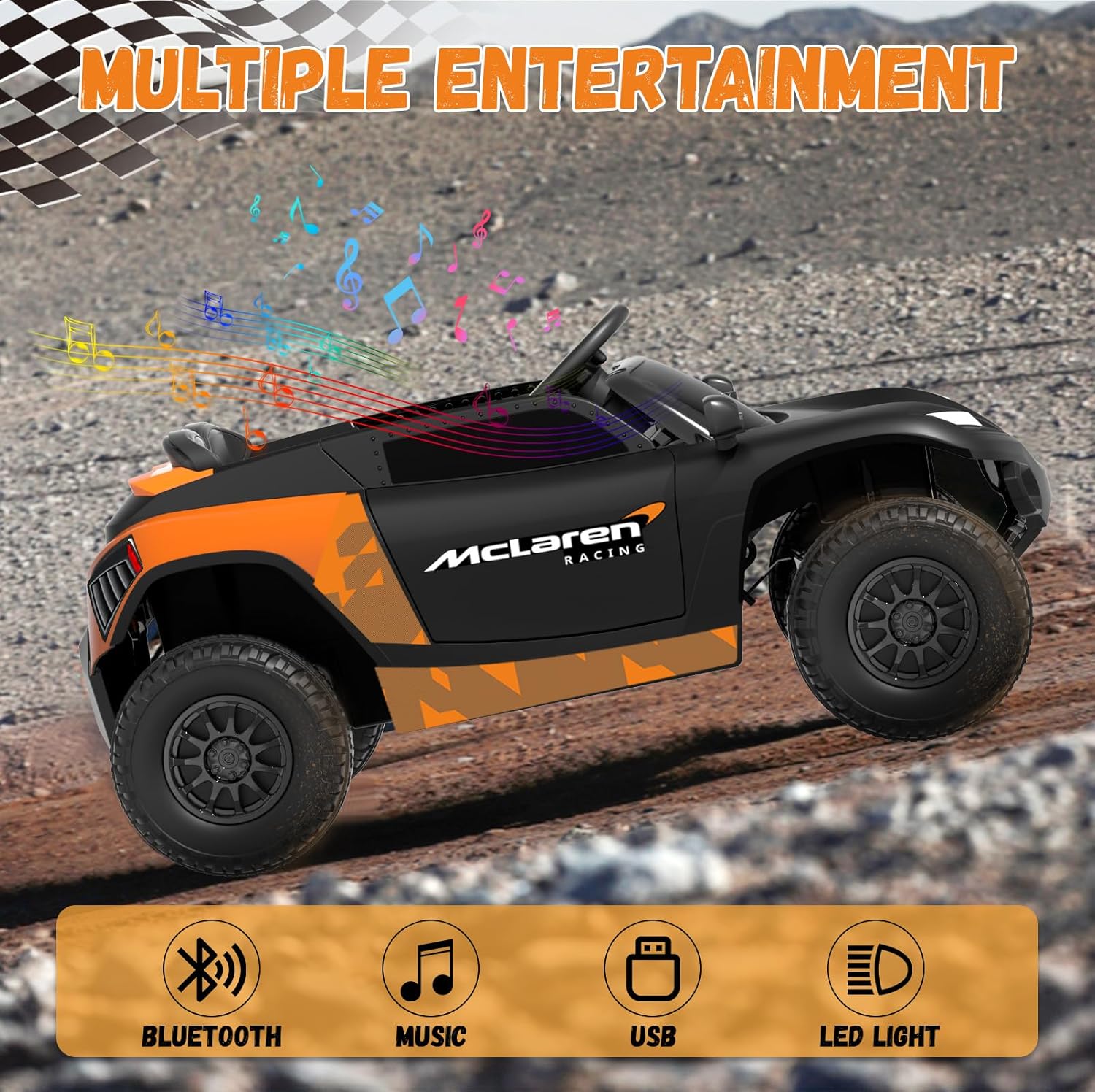 Toy car with McLaren on a desert background with Multiple features