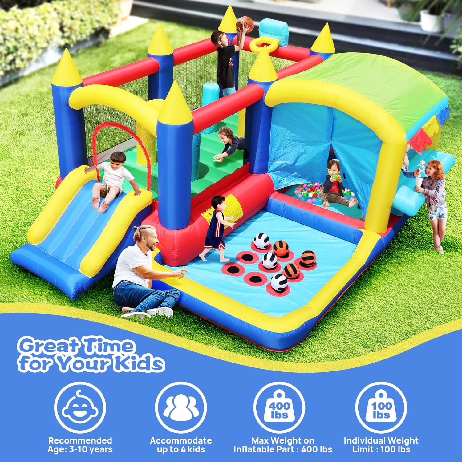 Megastar 7 in 1 Inflatable Sports Fun Bounce House With Slide, Toddler Jump Bouncy Castle With Ball Pit for Indoor Outdoor Birthday Party Gifts Multicolor