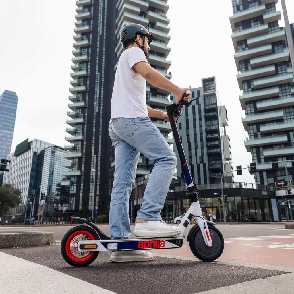 Person riding an electric scooter in an urban Area