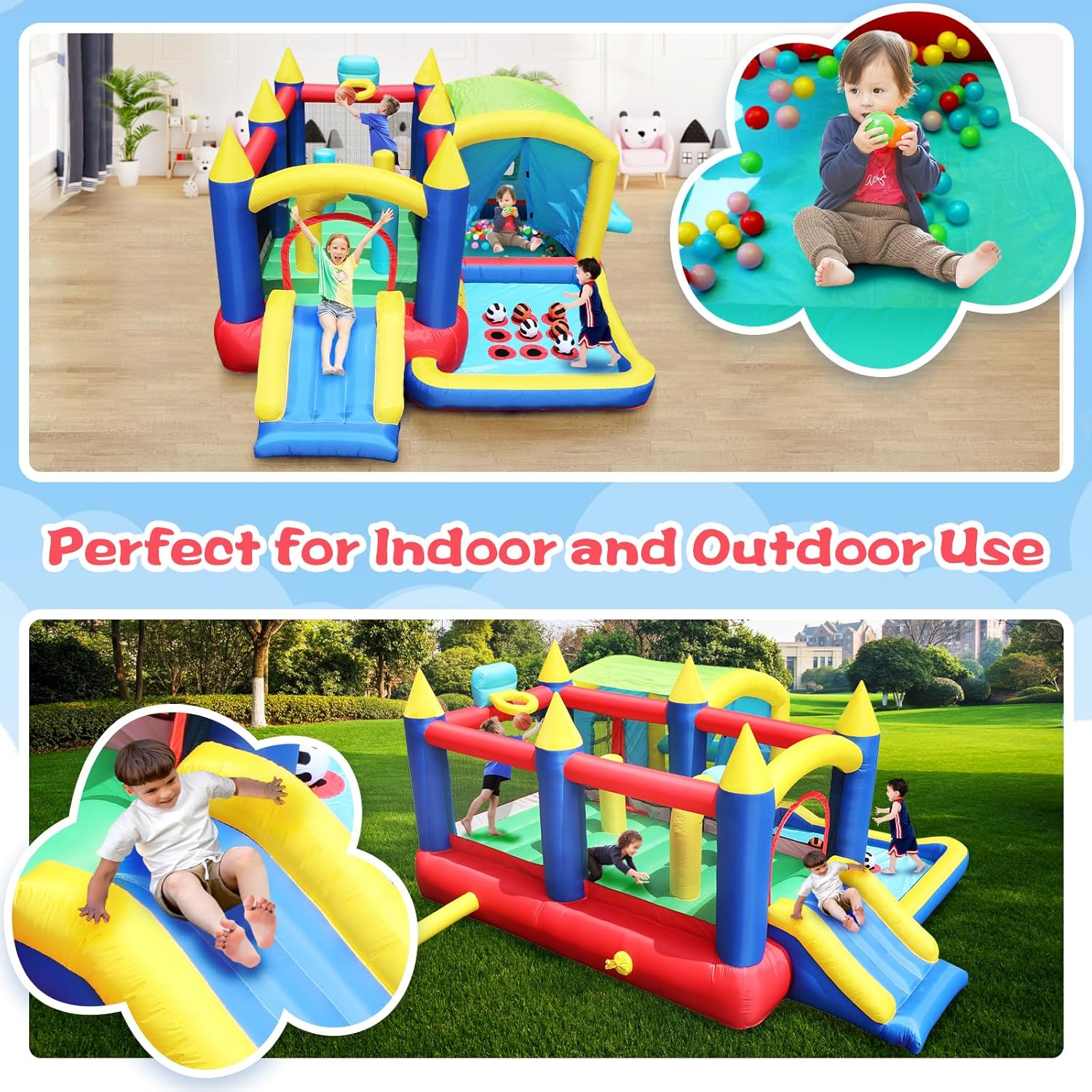 Megastar 7 in 1 Inflatable Sports Fun Bounce House With Slide, Toddler Jump Bouncy Castle With Ball Pit for Indoor Outdoor Birthday Party Gifts Multicolor