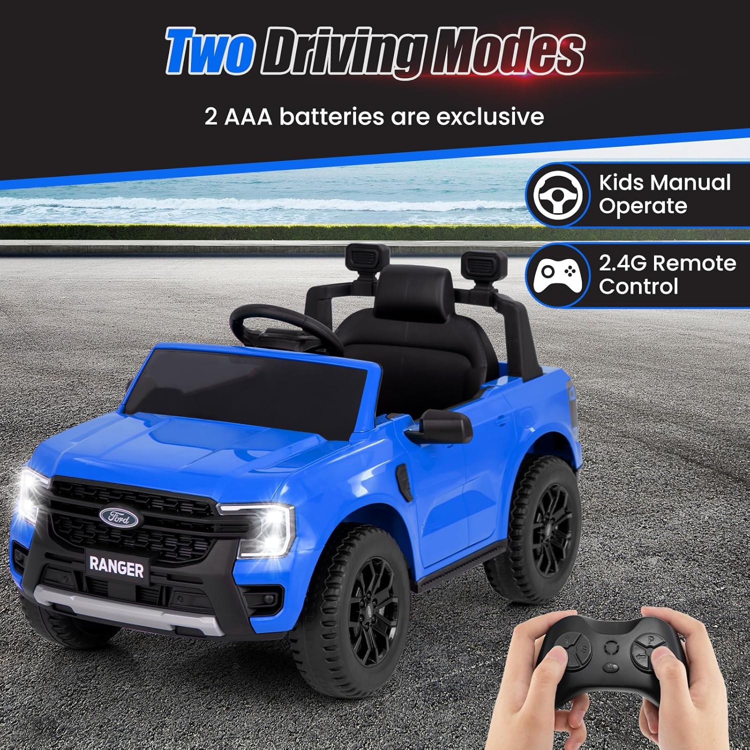 Blue Ford Ranger Ride on Car for Kids with Remote Control and two driving modes