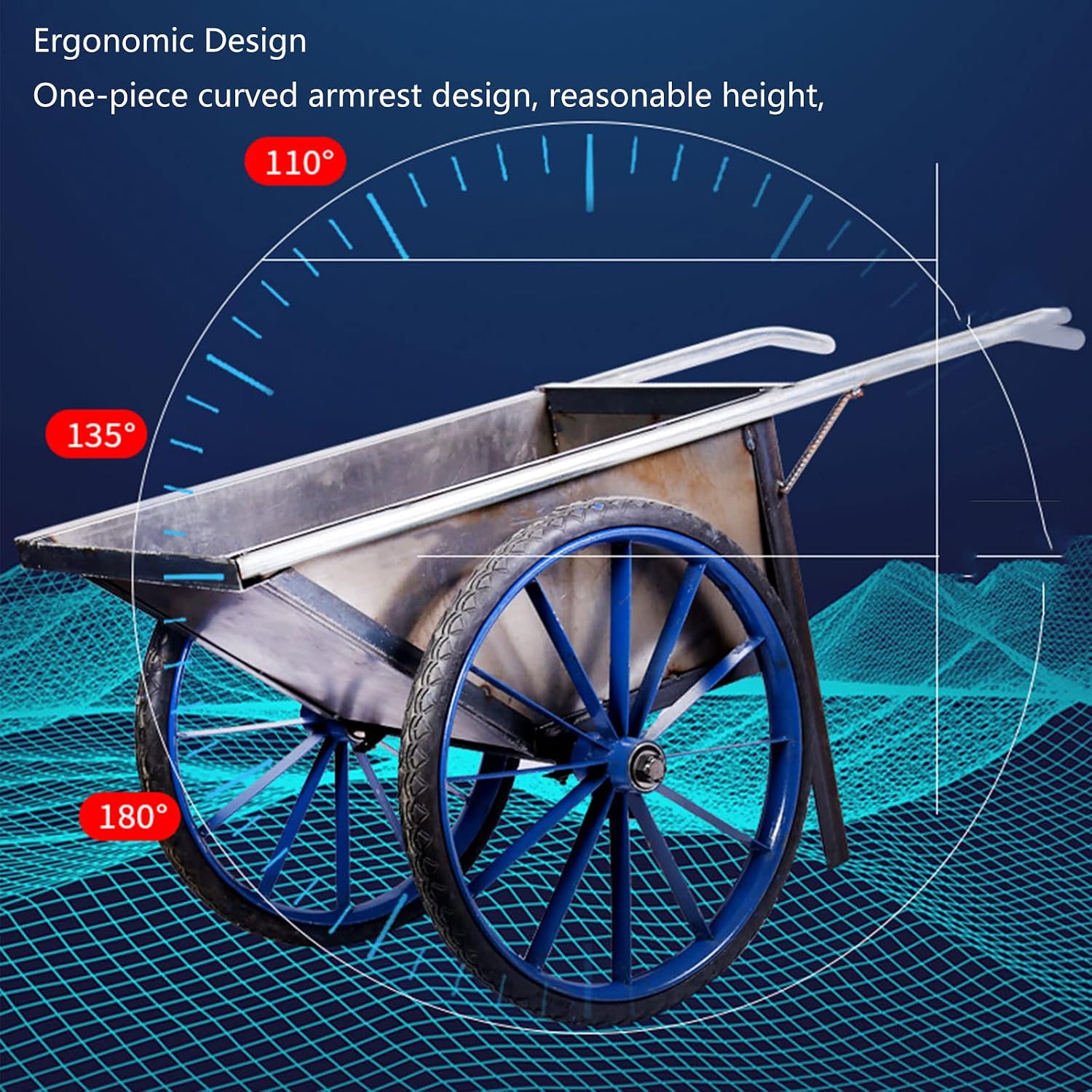 A metal red wheelbarrow with ergonomic design and angle measurements.