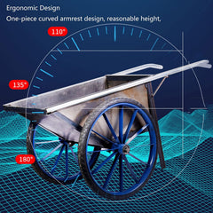 A metal red wheelbarrow with ergonomic design and angle measurements.