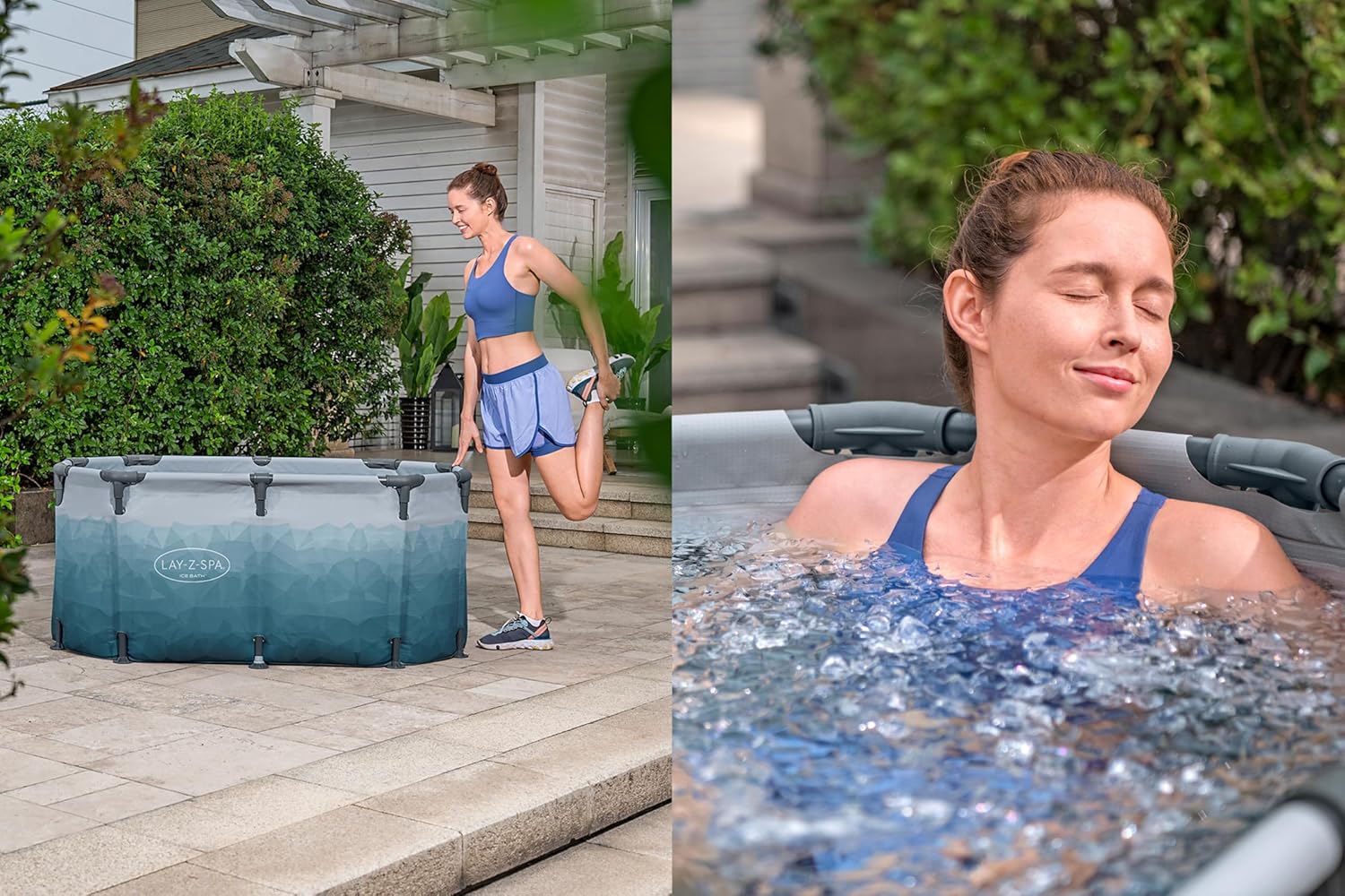 A person exercising with an inflatable Ice tub and another person relaxing