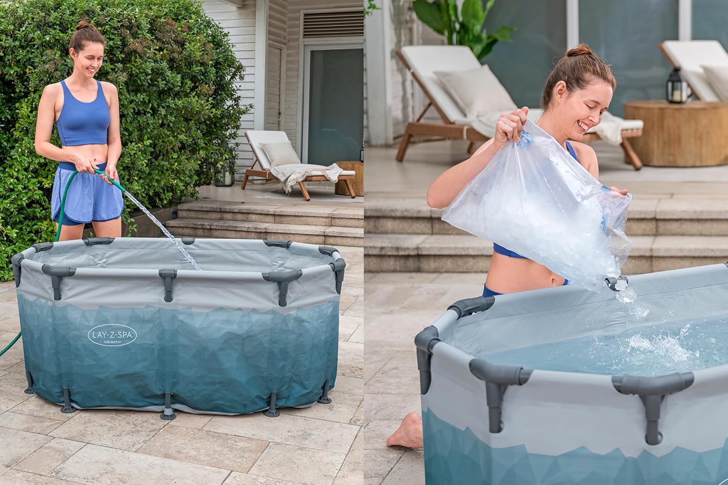 Two images showing a woman setting up an inflatable Ice tub outdoors.