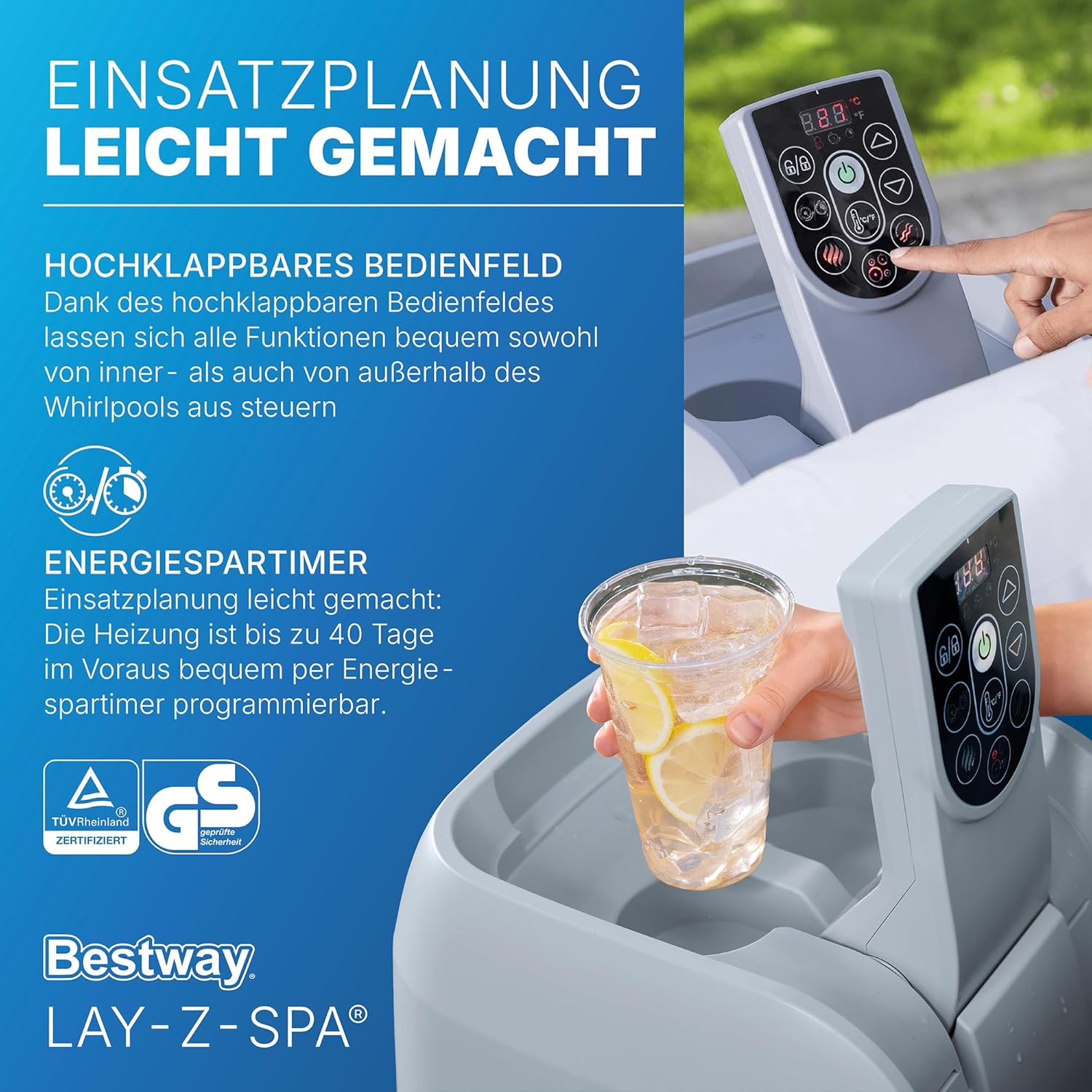 Bestway Lay-Z-Spa with control panel and lemonade, featuring