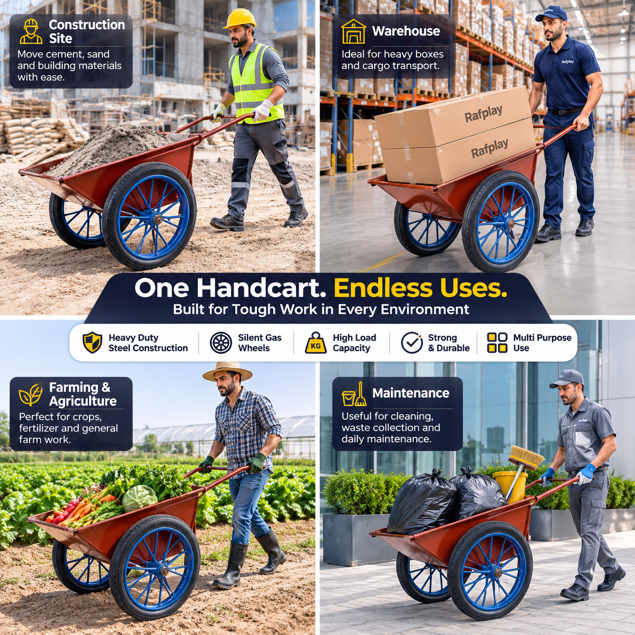 A four-panel used in different work environments: construction site, warehouse, farming, and maintenance.