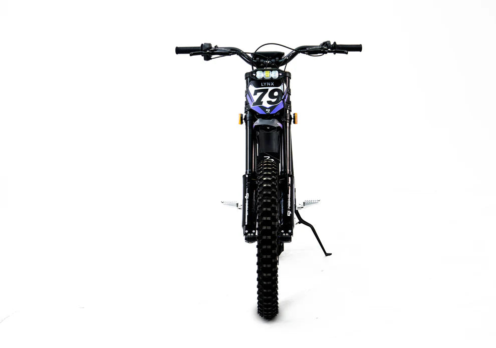 Black and Purple Lynx electric high range off road Pit bike with number 79 