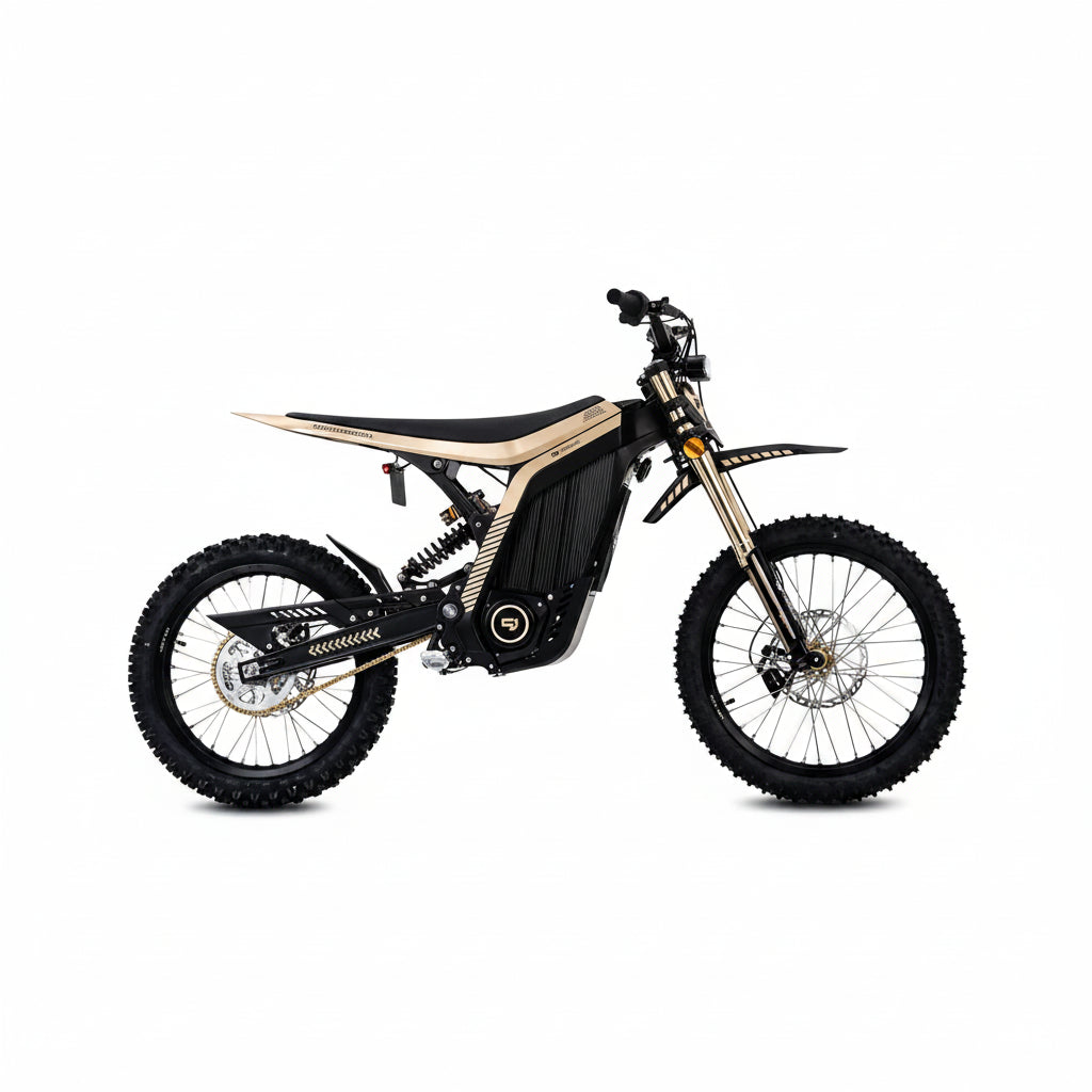 Lynx 72V Electric Dirt Bike with 12KW Peak Power for Off Road Riding in Dubai UAE featuring high performance electric motocross design-
 gold and black