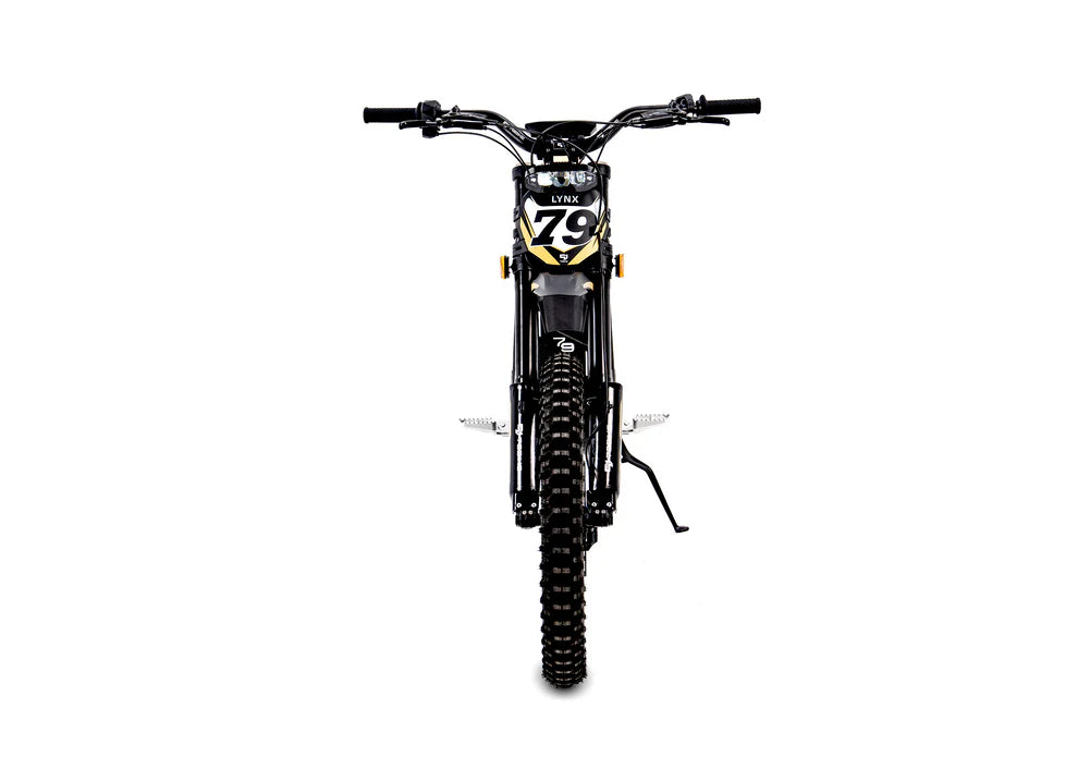 Front view of Black 12000 watts electric powerful dirt bike with number 79 