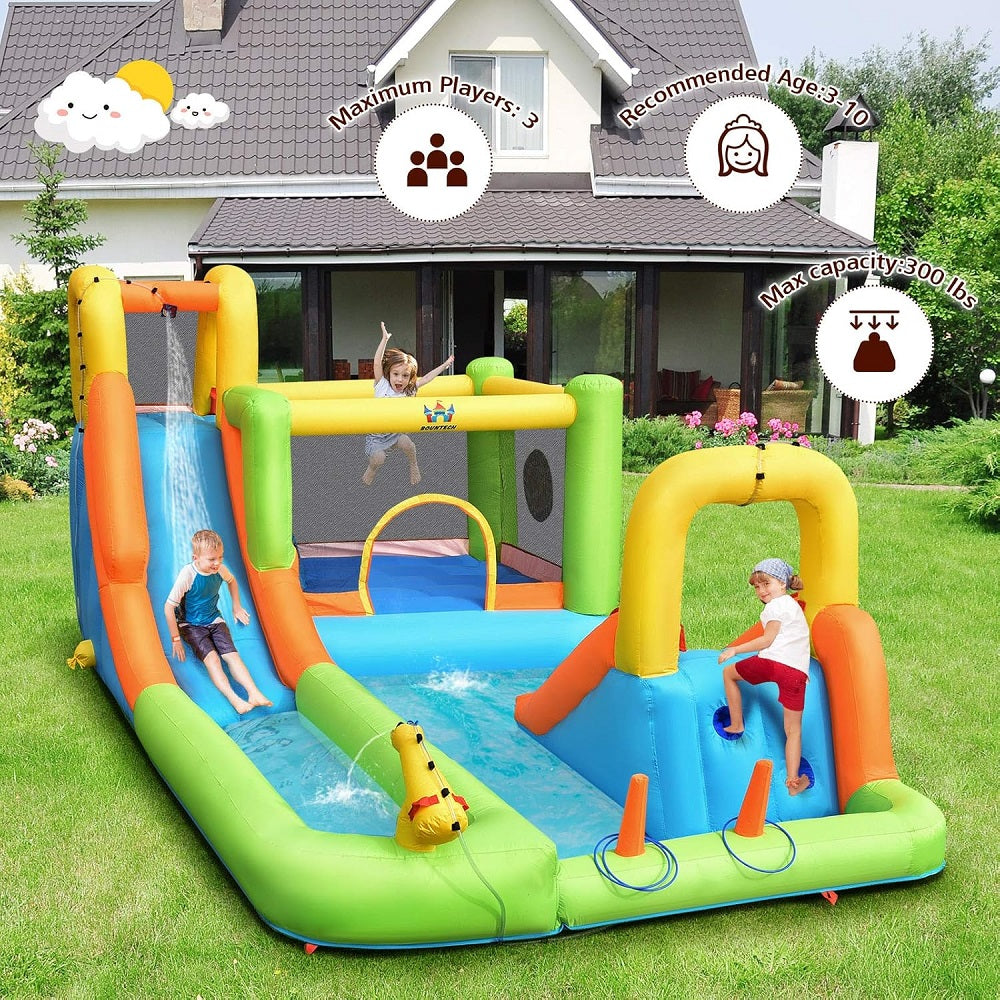 Children playing on an inflatable water slide and play