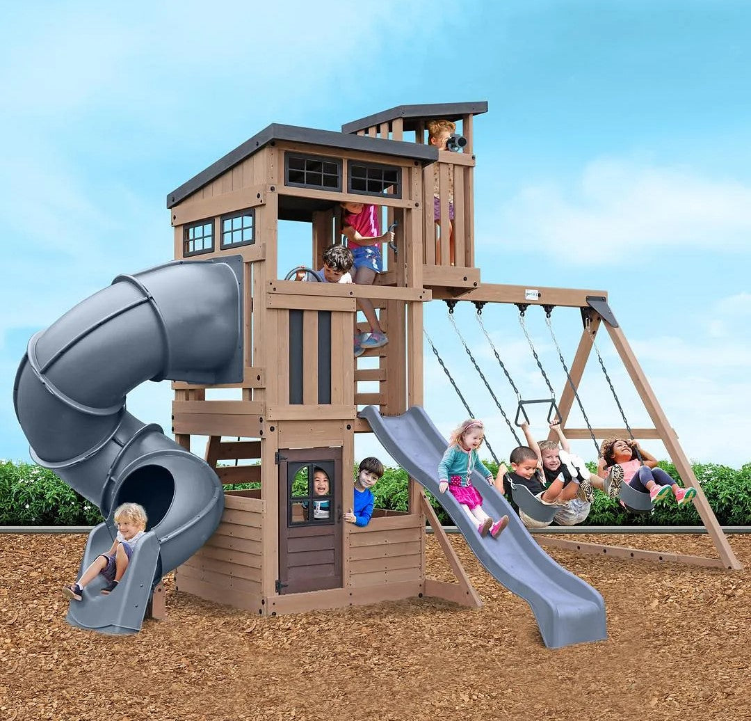 Children playing on Gorilla Playsets Skyline Lookout Swing Set,
