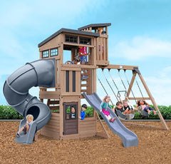 Children playing on Gorilla Playsets Skyline Lookout Swing Set,
