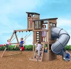 Children playing on a wooden playground set with a slide and swings.