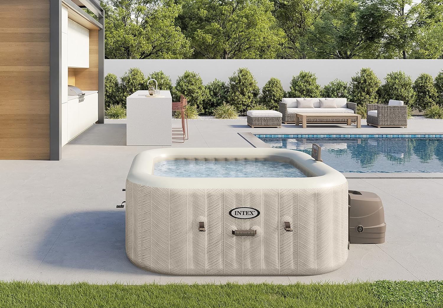 Intex 28446EX - PureSpa Chevron Deluxe Square 4 Seater Inflatable Hot Tub, 140 Jets, Heating, PVC, Multicoloured, 175 x 175 x 71 cm