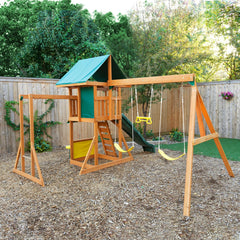 Kidkraft Brightside Wooden playground set with swings and slide in a backyard